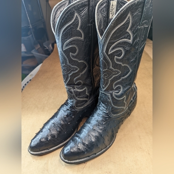 Larry Mahan boots men's size 10.5B Exotic Genuine Full Quill Ostrich black leath - Picture 1 of 14